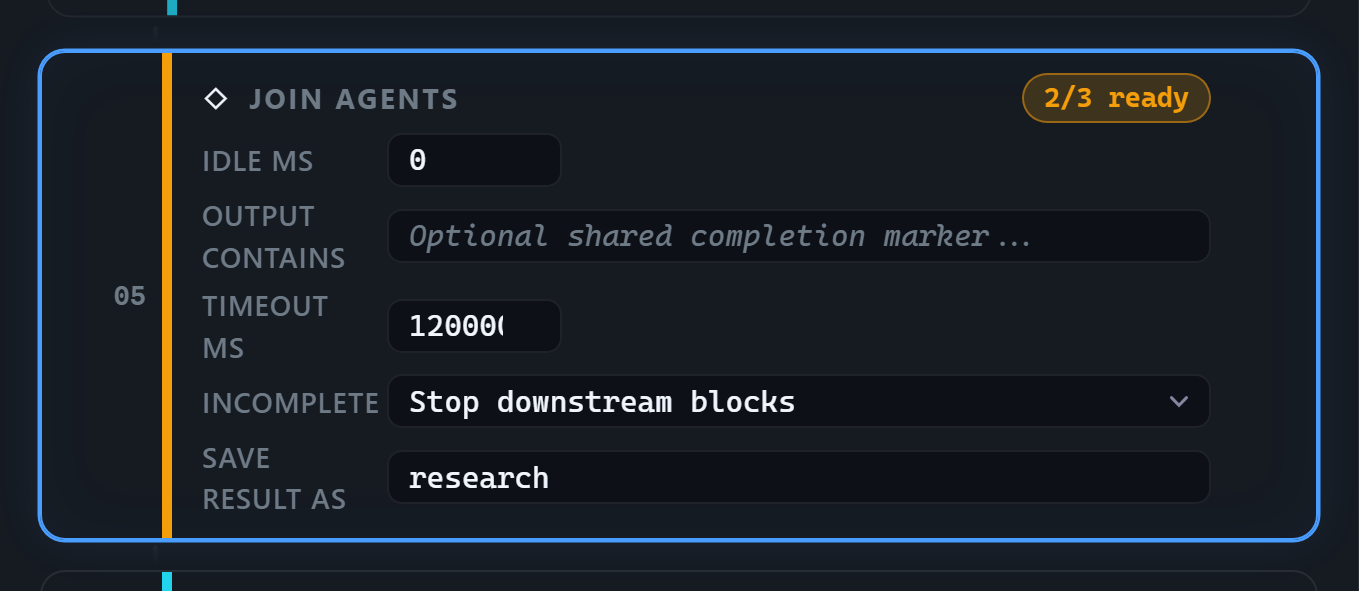 The real Agent Orchestrator editor stopped at a Join Agents barrier with two of three result lanes ready.