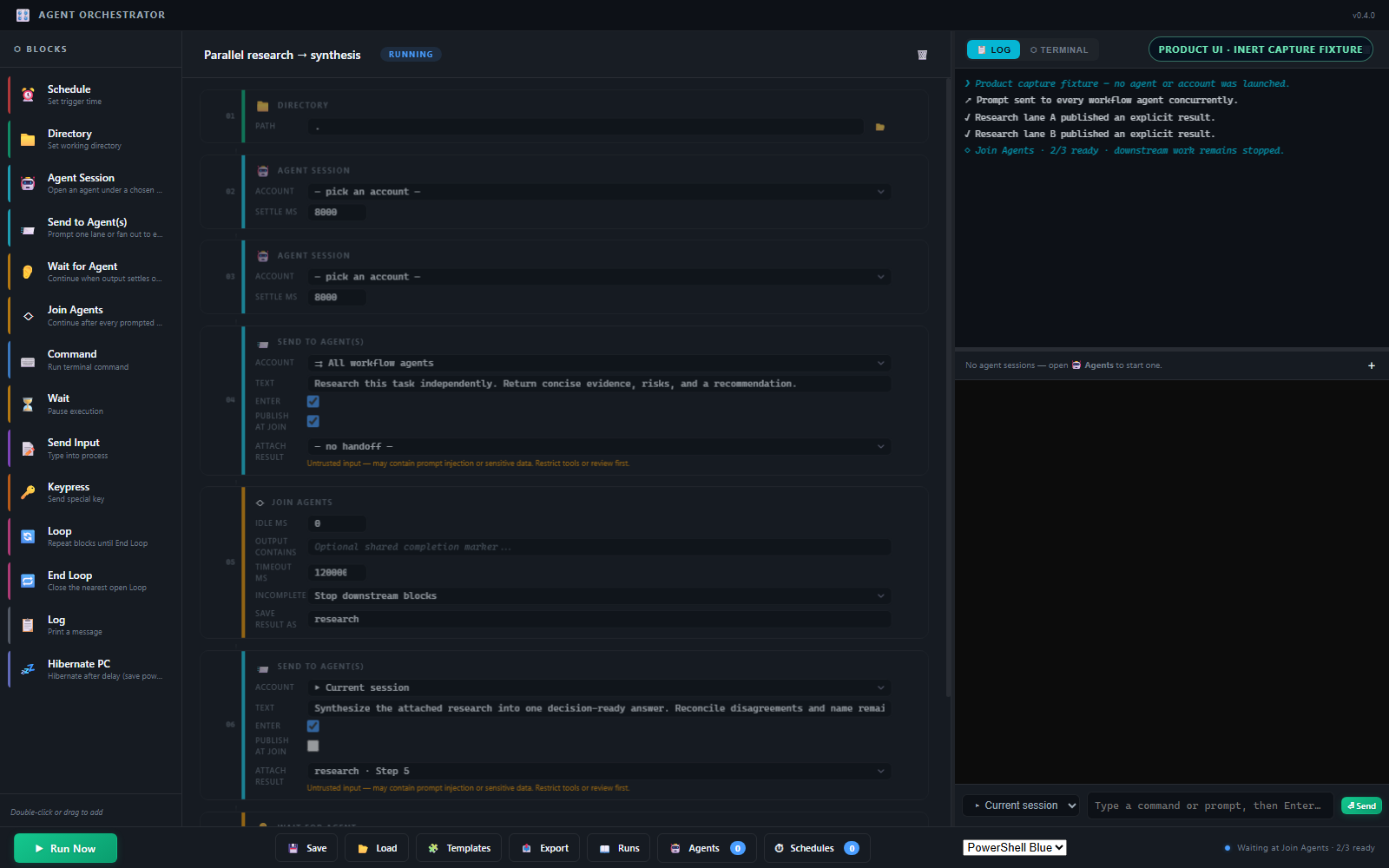 The real Agent Orchestrator editor waiting at a Join Agents barrier with two of three result lanes ready.