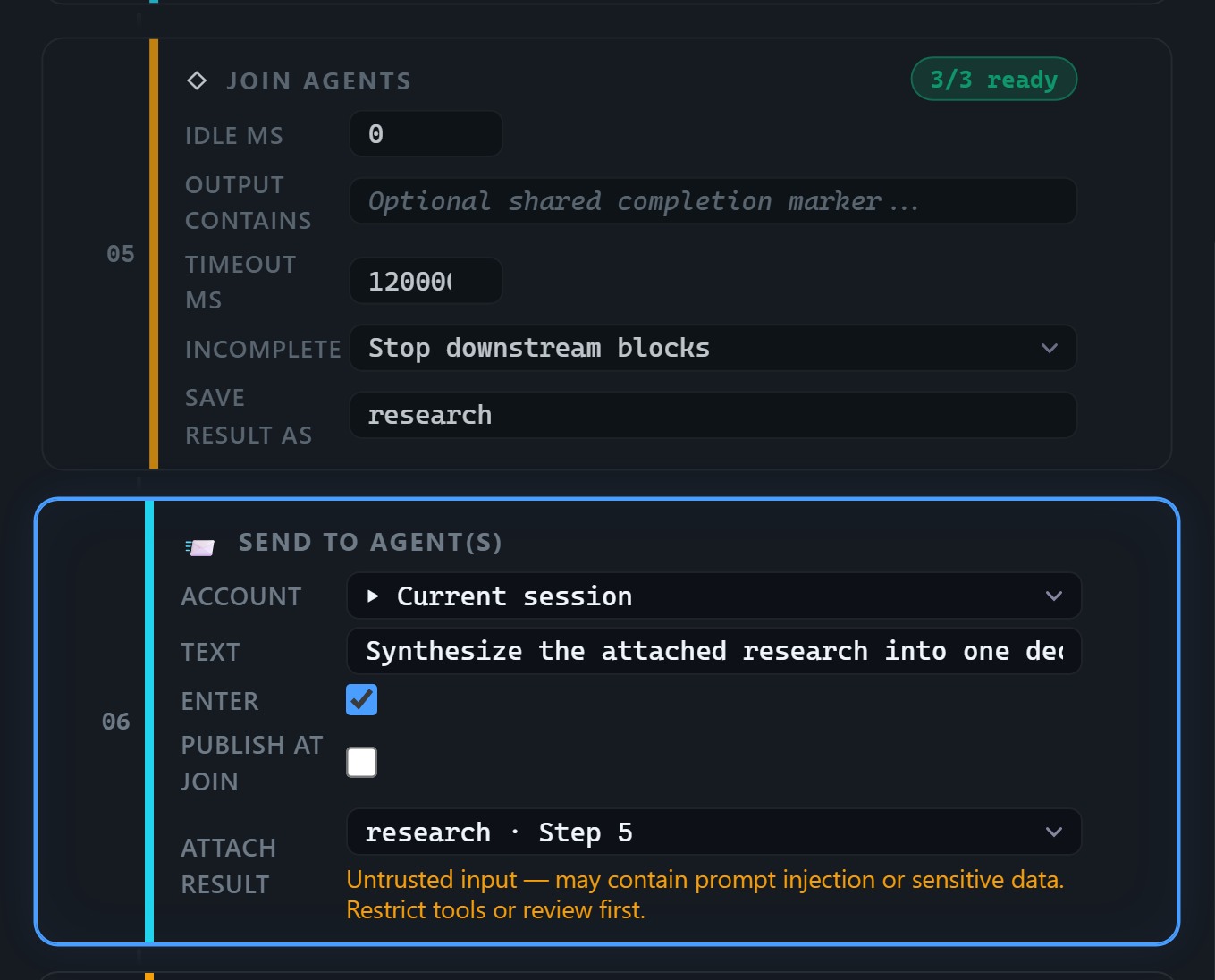 The real editor after Join Agents reaches three of three and explicitly attaches the complete result bundle to synthesis.