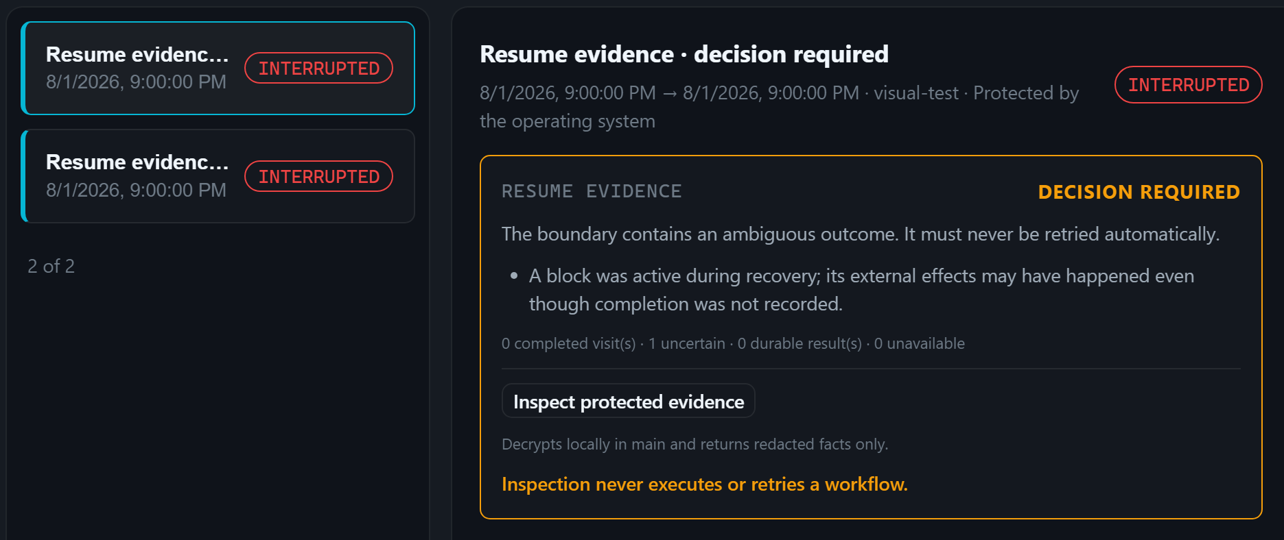 The real Runs view showing protected interrupted-run evidence and a decision-required resume inspection.